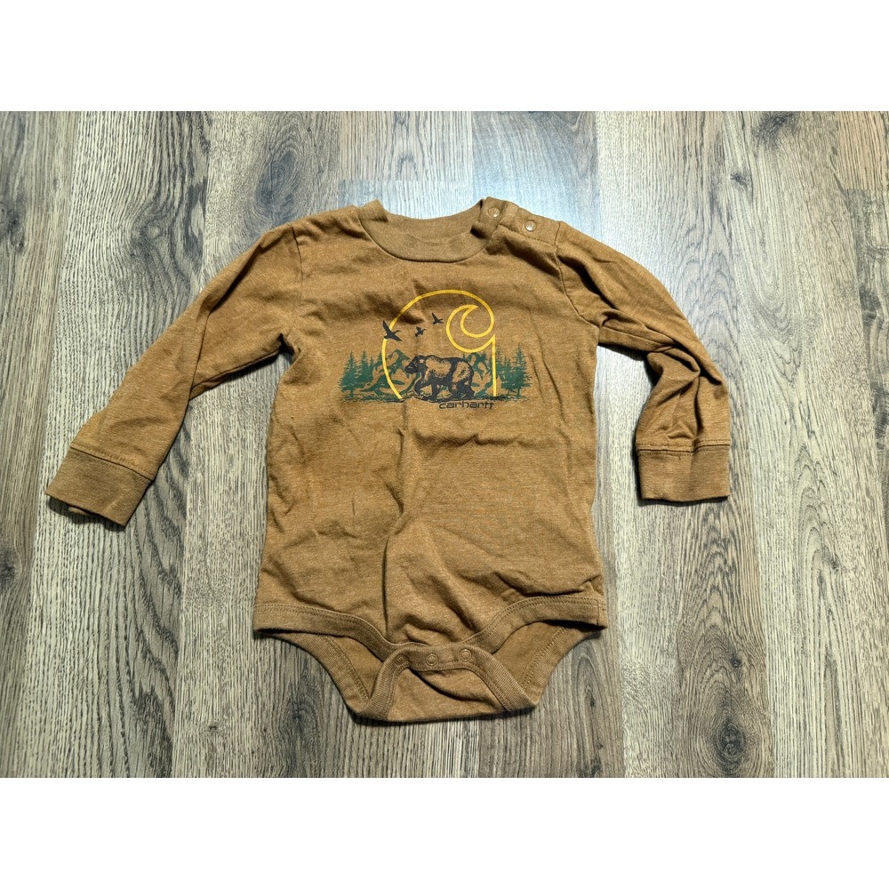 Carhartt Shirt Baby Size 12M Brown One-Piece Long Sleeve Bear Graphic Bodysuit